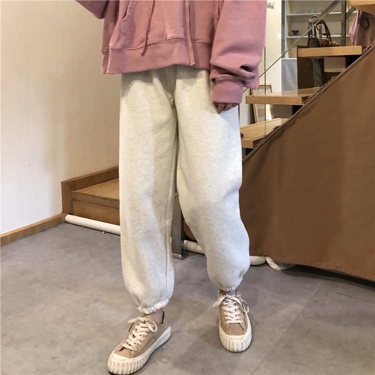 衛褲女秋冬韓版chic高腰顯瘦寬松加厚加絨復古港味ins束腳休閑褲(圖10)