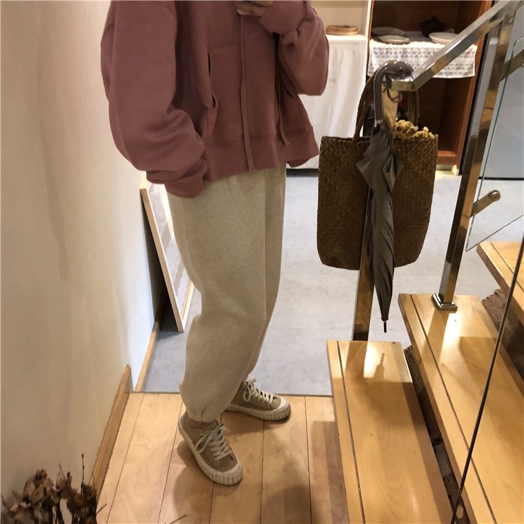 衛褲女秋冬韓版chic高腰顯瘦寬松加厚加絨復古港味ins束腳休閑褲(圖4)