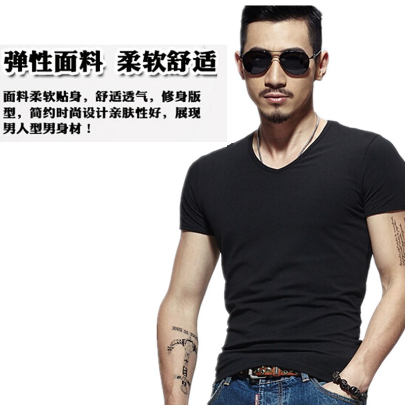 2019夏季男士短袖T恤V領(lǐng)純色體恤打底衫緊身半袖大碼男裝純黑色潮(圖1)