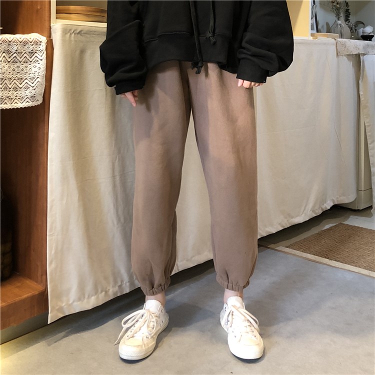 衛褲女秋冬韓版chic高腰顯瘦寬松加厚加絨復古港味ins束腳休閑褲(圖21)