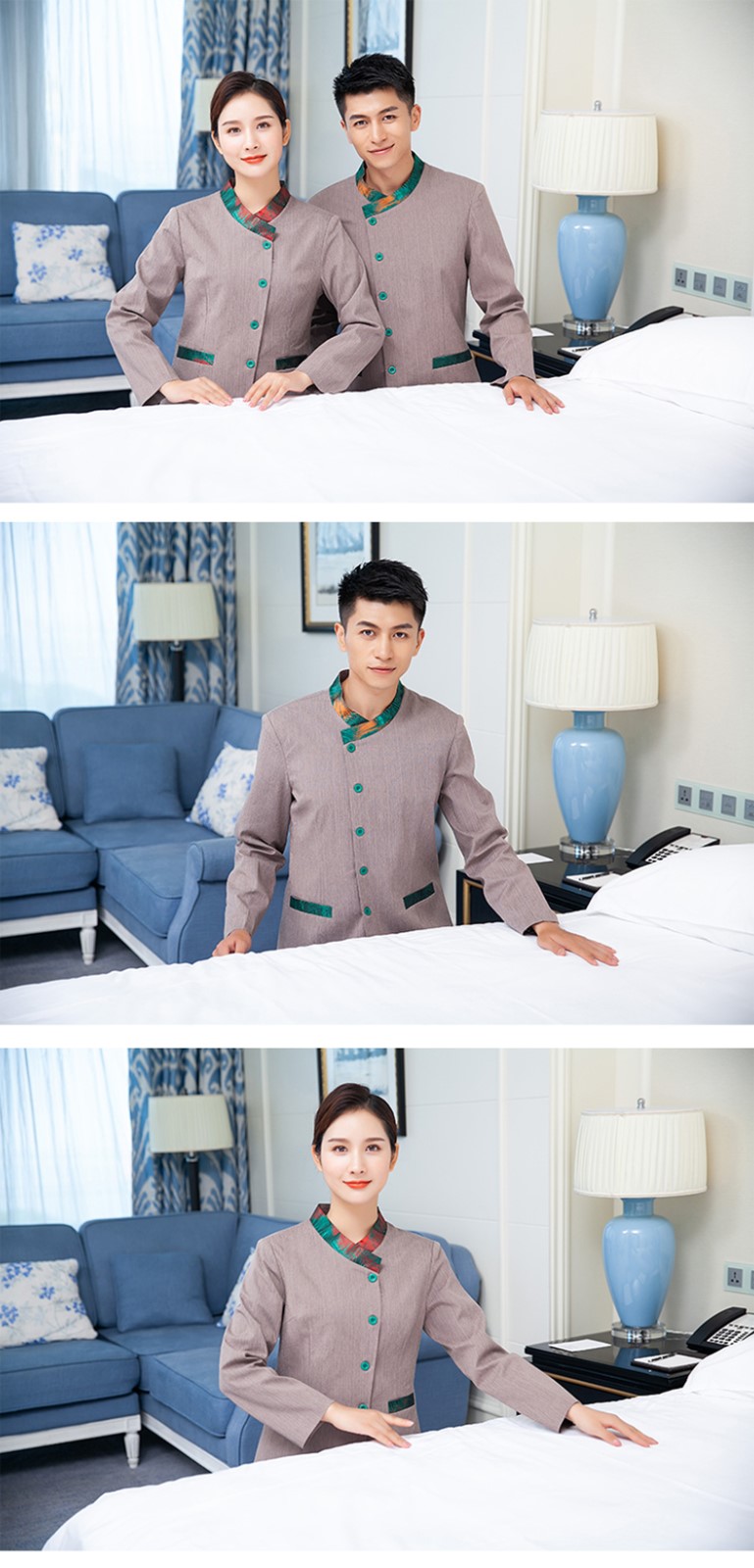 定做五星級大酒店高檔賓館會(huì )所客房服務(wù)員工作服長(cháng)袖度假村清潔工(圖6)