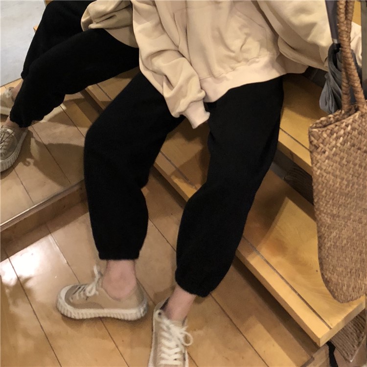 衛褲女秋冬韓版chic高腰顯瘦寬松加厚加絨復古港味ins束腳休閑褲(圖13)