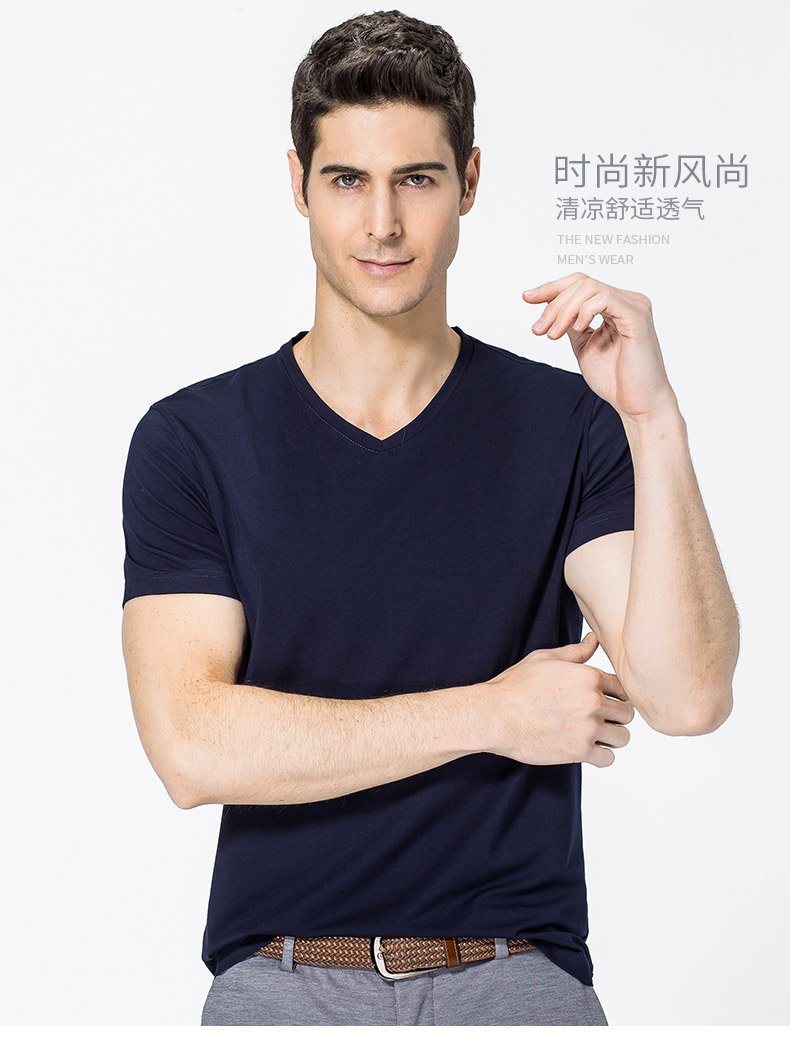 V領(lǐng)短袖t恤男 中青年男士純色打底衫2019夏季新款半袖體恤(圖1)