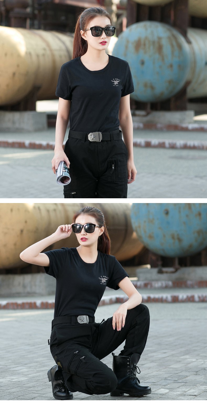 夏裝情侶裝軍迷緊身T恤女軍綠打底棉質(zhì)戶(hù)外服裝黑色彈力短袖上衣(圖17)