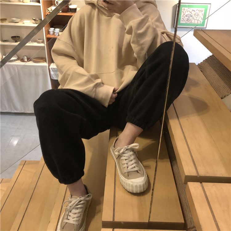 衛褲女秋冬韓版chic高腰顯瘦寬松加厚加絨復古港味ins束腳休閑褲(圖12)